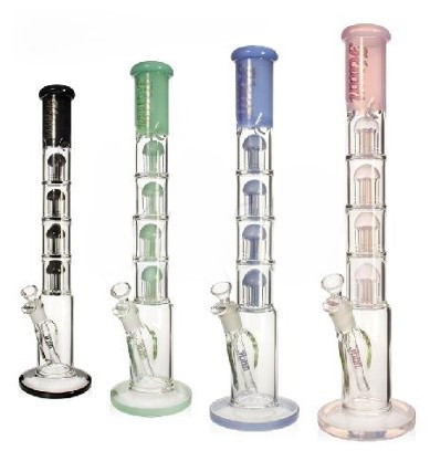 23in TALL STRAIGHT WATER PIPE with 4 each 6ARM TREE PERCS, MILK GLASS ACCENTS, 50 AND 66mm TUBES PINCHED ICE CATCHER, 14mm BOWL. ASSORTED COLORS