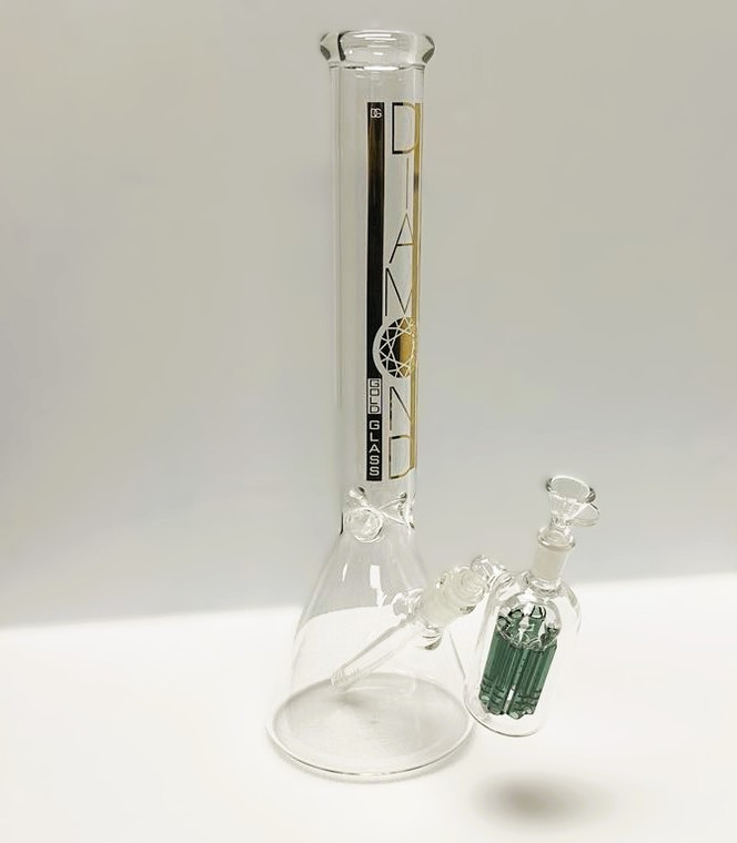 17in BEAKER WATER PIPE DIAMOND GLASS PINCHED ICE CATCHER, ASH CATCHER with TREE PERC 14mm BOWL