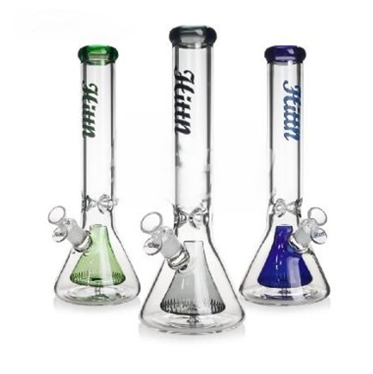 14in BEAKER WATER PIPE PINCHED ICE CATCHER 50mm TUBE, PYRAMID PERC with LARGE BASE 18mm BOWL. ASSORTED COLORS.