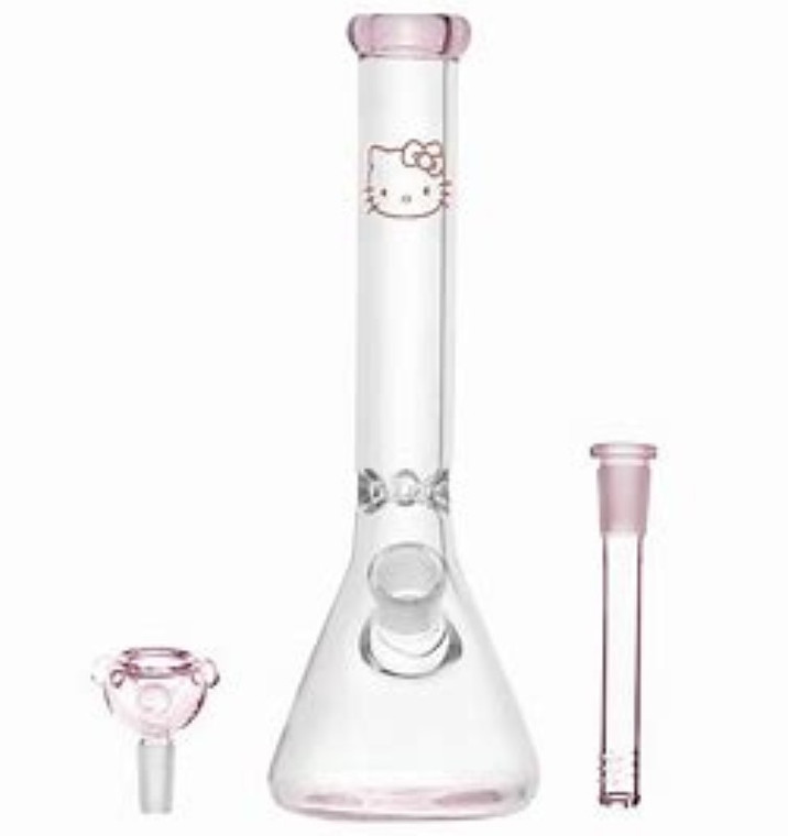 10in Hello Kitty clear glass Pinched Ice Catcher Water Pipe with 14mm bowl and pink accents.