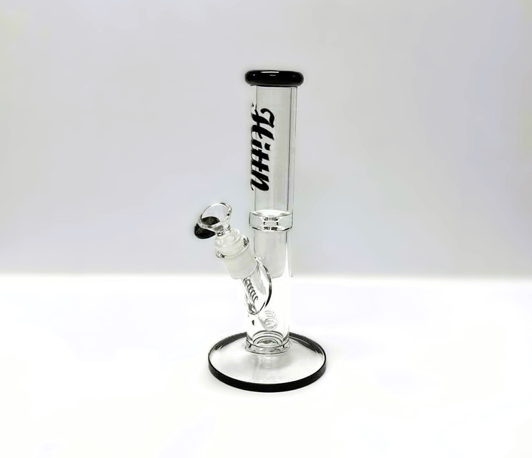 HITTN 10in Straight Tube Water Pipe, clear glass with black accents, cylindrical body, compact design.