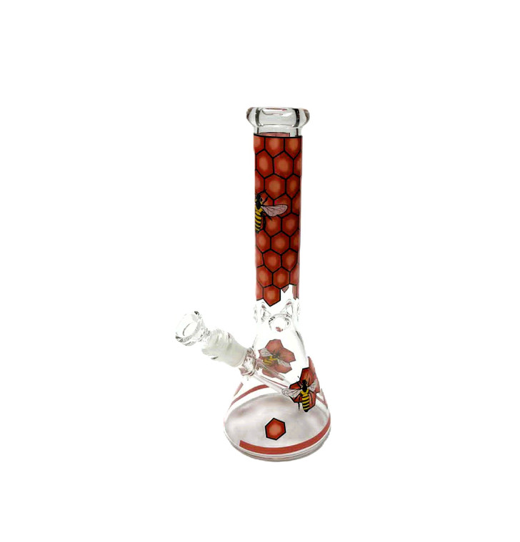 10in BEAKER WATER PIPE with honeycomb pattern, red and white color, 14mm bowl attached.