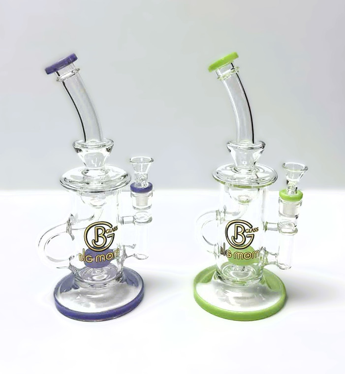 9.5in BIG MOM BENT NECK RECYCLER SHOWERHEAD PERC WATER PIPE WITH 14mm MALE BOWL. COMES IN MILK GREEN, MILK PURPLE. EXCELLENT QUALITY DAB RIG.