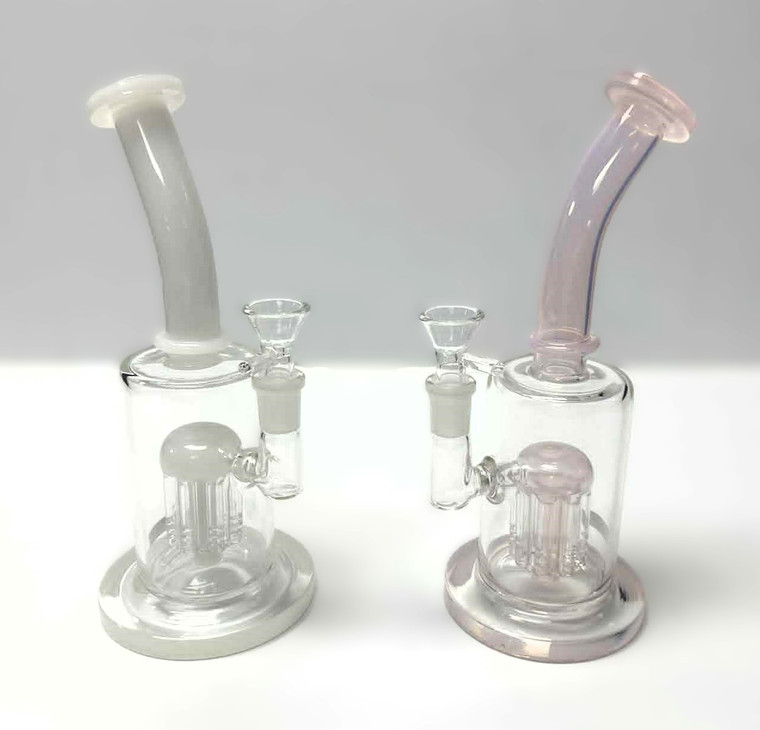 8in BENT NECK WATER PIPE WITH TREE PERC 14mm BOWL. AVAILABLE IN PINK OR WHITE. MILK/PINK SLIME GLASS VERY PRETTY.