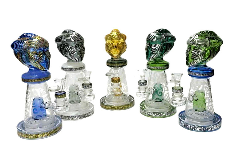 8.5in 14mm ALIEN HEAD WATER PIPE WITH REVERSE PYRAMID PERC. PURPLE WHITE SMOKE GREEN BLUE. VERY SLICK PIECE!