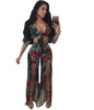 Two Piece Outfits Print Jumpsuit Women Split Sexy V Neck Half Sleeve Wide Leg Romper Bodycon Jumpsuit Overalls Plus Size S-XXXL