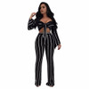 Stripe Two Pieces Jumpsuits Sexy V Neck Bow Tie Long Sleeve Wide Leg Jumpsuit Elegant Bodycon Overalls Women Rompers