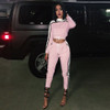 spring pink Two Piece Set Long Sleeve Striped Patchwork Hooded Bodycon Jumpsuit Rompers Casual Slim Overalls Clubwear