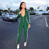 Black Long Sleeve Jumpsuits Deep V - Neck Bodycon Sexy Full Bodysuit Casual Side Striped Zipper Overalls Rompers Womens Jumpsuit