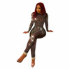 Ladies Patchwork Sexy Skinny Jumpsuit Shiny Rhinestone Black Full Sleeve Romper Elegant O-Neck Perspective Casual Overall S-XL