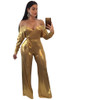 Fashion Bronzing Women Jumpsuit Rompers Gold Off Shoulder Long Sleeve Bow Belt Sexy Wide Leg Jumpsuit Party Club Overalls S-3XL