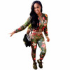 autumn Print Vintage Bodycon Jumpsuit 2017 Women Two Piece Set Long Sleeve Zipper Elegant Jumpsuit Romper Overalls playsuit club