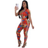 Short Sleeve Side Striped Summer Bodycon Jumpsuit Floral Print Two Piece Set Rompers Womens Jumpsuit Casual Female Overalls