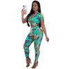 Short Sleeve Side Striped Summer Bodycon Jumpsuit Floral Print Two Piece Set Rompers Womens Jumpsuit Casual Female Overalls