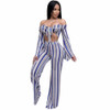 Elegant Striped Jumpsuit Rompers Women Two Piece Outfits Long Sleeve Overalls Sexy Off Shoulder Bow Tie Wide Leg Jumpsuit Female