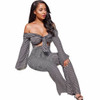 Two Pieces Jumpsuit Striped Off Shoulder Jumpsuits V Neck Bow Tie Sexy Rompers Wide Leg Jumpsuit Women Long Sleeve Club Overalls