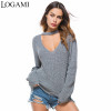 LOGAMI Women Sweaters And Pullovers  Long Sleeve V Neck Loose Pullover Women Spring Autumn Casual Ladies Sweaters