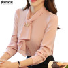 Fashion long sleeve women slim shirt white pink solid color elegant ruffles chiffon blouse office ladies formal plus size tops