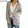 LOGAMI Long Cardigan Women Autumn Winter Knitted Sweater Casual Womens Sweaters Coat