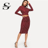 Sheinside Plaid Burgundy Long Sleeve Stand Collar Crop Top and Midi Skirt Elegant Two Piece Set Women Autumn Office Ladies Suits