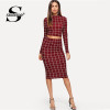 Sheinside Plaid Burgundy Long Sleeve Stand Collar Crop Top and Midi Skirt Elegant Two Piece Set Women Autumn Office Ladies Suits