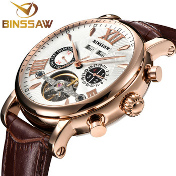 BINSSAW  Men Tourbillon Full-automatic Mechanical Watch Luxury Fashion Brand  Leather Man Calendar Week Multifunctional Watches