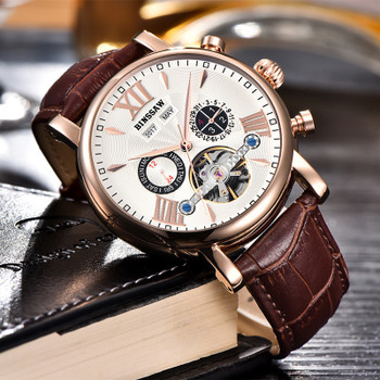 BINSSAW  Men Tourbillon Full-automatic Mechanical Watch Luxury Fashion Brand  Leather Man Calendar Week Multifunctional Watches