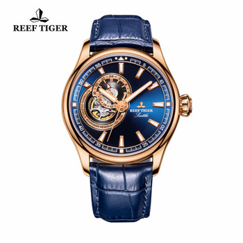 Reef Tiger/RT Dress Men's Watch Rose Gold Tone Tourbillon Watches Blue Dial Quartz Analog Wrist Watch RGA1639
