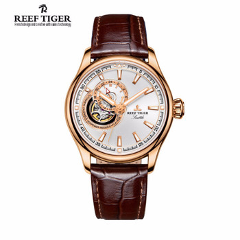 Reef Tiger/RT Luxury Dress Watches for Men Rose Gold Tourbilon Automatic Watch Leather Strap RGA1639