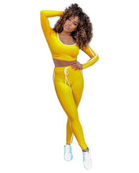 Autumn yellow stripe casual long jumpsuit Women two-piece suit crop hoodies party jumpsuit Holiday sleeve jumpsuit overalls