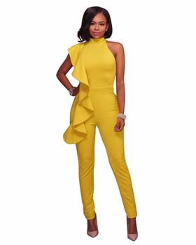 Ladies Fashion Rompers yellow black Sleeveless Womens Wide legs Jumpsuit Long Pants Elegant Overalls Macacao Feminino S-XL