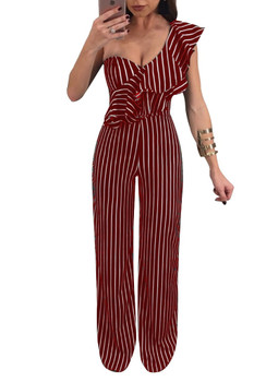 new Casual Sleeveless Wide legs Pants Women Striped Jumpsuit Rompers Party Club Overalls One Shoulder Ruffles Jumpsuit