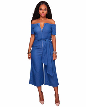 Casual Jeans Wide Leg Jumpsuit Off Shoulder Bandage Romper Denim suit Summer Backless Bodysuits Women Overalls Playsuit