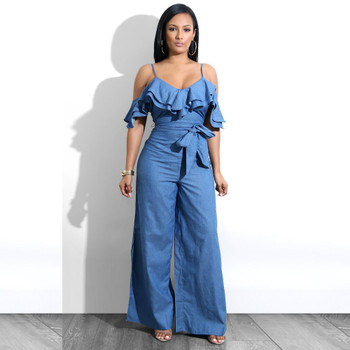 Elegant Summer Denim Jumpsuits Women Strap Off Shoulder Ruffles Wide Leg Jumpsuit Casual Loose Pants Rompers Sexy Jeans Overalls