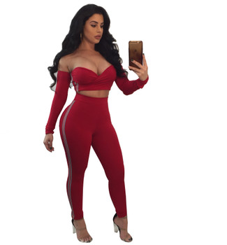 new Off Shoulder Sexy Two Piece Jumpsuit "Women Romper V Neck Long Sleeve Crop Tops Striped Bodycon Jumpsuit Party Overalls