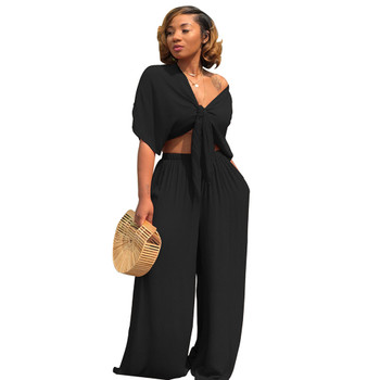 Two Piece Jumpsuits black  V Neck Bandage Women Summer Short Sleeve Loose Pockets Casual Overalls Wide Leg Pants Romper