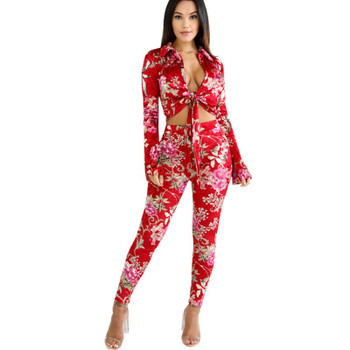  sexy Floral Printed Two Piece Jumpsuit Romper Women Turn-Down Collar Bow Tie Elegant Bodycon Jumpsuit Long Sleeve