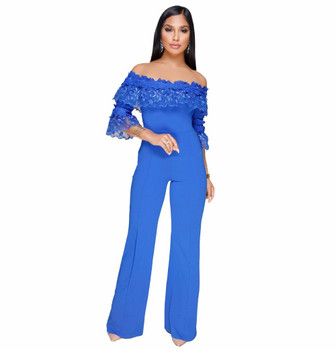 Embroidery Ruffles Elegant Jumpsuit Rompers Women Off Shoulder 3/4 Sleeve sexy Wide Leg Jumpsuit Long Pants Overalls S-3XL