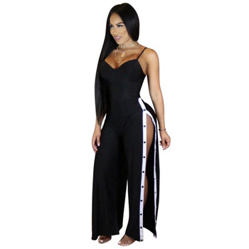 New black Spaghetti Strap Loose Jumpsuits Summer Leotard Full Bodysuit Overalls Side Split Sexy Rompers Women Jumpsuit S-XL