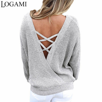 LOGAMI V Neck Backless Long Sleeve Women Sweaters And Pullovers Knitted Christmas Sweater Pullover Fall Fashion