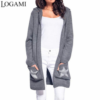 LOGAMI Ladies Hooded Sweaters Long Women Star Design Pockets Cardigan Coat