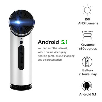 AUN Q9 Portable Projector, 90 Degree Rotatable Lens Projector. Built-in Android 5.1, WIFI, Bluetooth, 3000 mAH Battery. 1080P