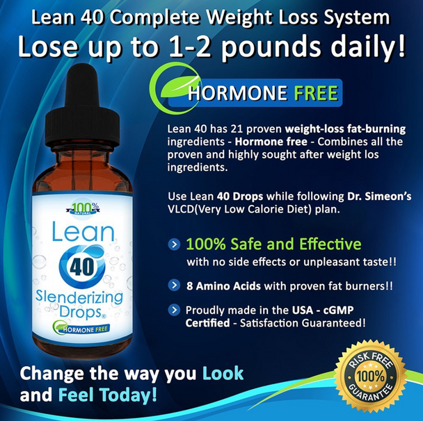 Lean 40 HCG Slenderizing Drops Hormone-Free 2 oz Bottle with Diet Plan