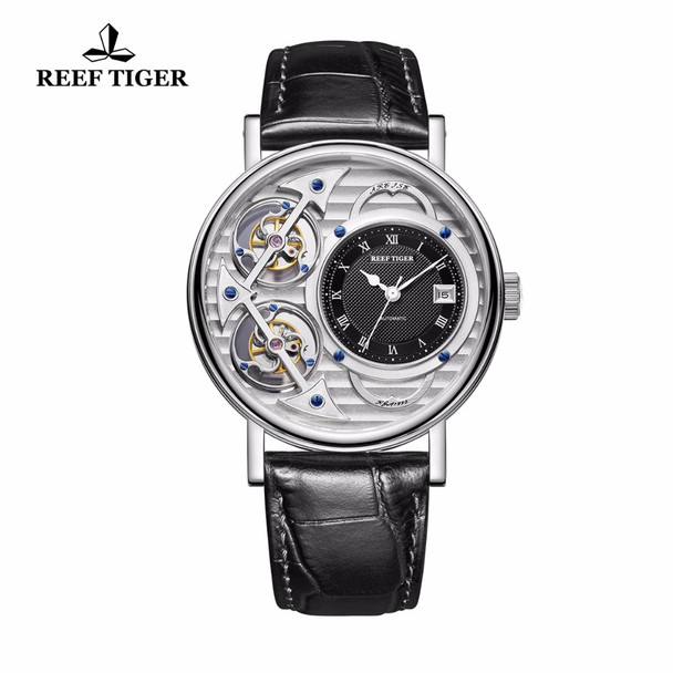 Reef Tiger/RT Designer Fashion Watches Mens Double Tourbillon Automatic Watches Waterproof Leather Strap Watches RGA1995