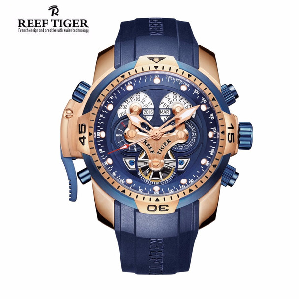 Reef Tiger/RT Mens Sports Watch with Year Month Week Day Calendar Steel Complicated Blue Dial Automatic Watches RGA3503