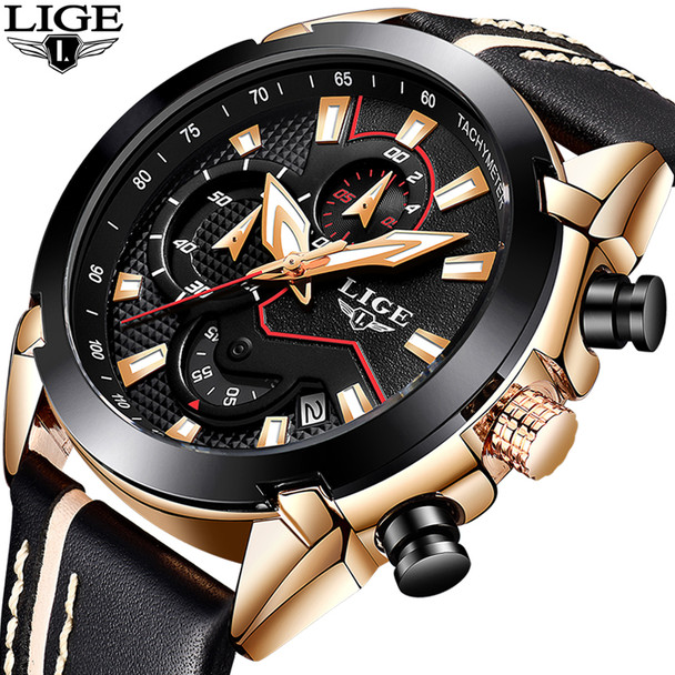 New LIGE Design Fashion Brand Watches Mens Leather Sport Date Chronograph Quartz Watch Male Gifts Clock