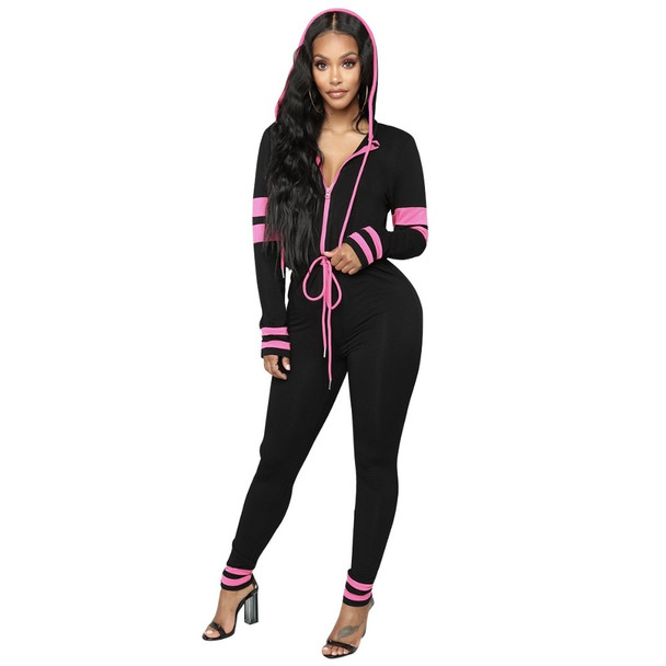 black Casual Hooded Longs Sleeve Bodycon Jumpsuit Autumn Sexy Full Bodysuit One Piece Bandage Rompers Womens Jumpsuit Overalls