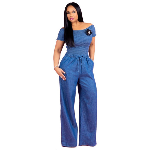  New Women Denim Jumpsuit Blue Jean Loose Rompers Wide Leg Pants Long Trousers Overalls Ladies Ruched Drawstring Casual Jumpsuit