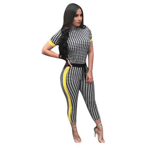 Summer Plaid Print Jumpsuit Women Overalls Short Sleeve Elastic Waist Bodycon Jumpsuit Ankle length Pant Casual Jumpsuits