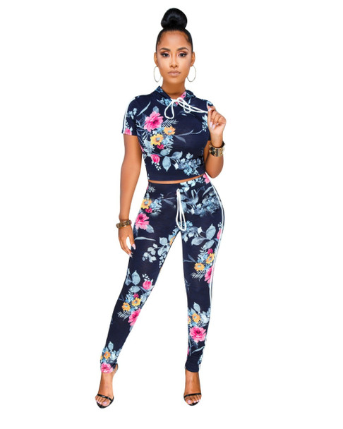 blue pink Short Sleeve Side Striped Summer Bodycon Jumpsuit Floral Print Two Piece Set Rompers Womens Jumpsuit Female Bodysuit
